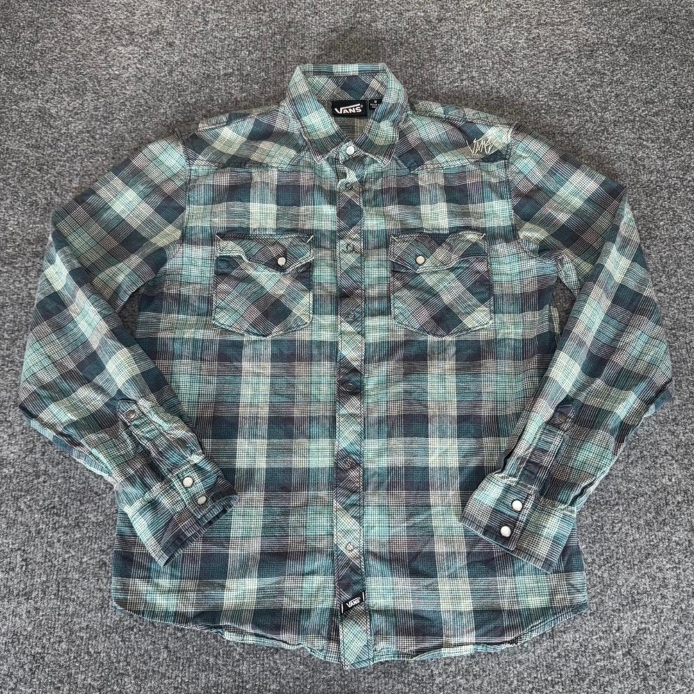 Vans Flannel Shirt Mens Small Green Plaid Long Sleeve Snap Button Front Skate
